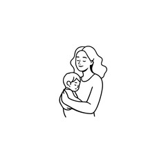 Black and White Vector Illustration of a Beautiful Mother Caring for Child in Minimalist Line Art Style