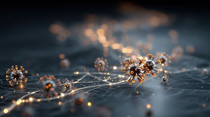 Close-up digital illustration of virus particles connected by glowing network threads in a dark, abstract environment.