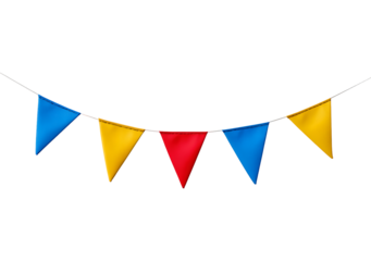 Colorful triangular bunting flags hanging on string for festive decor on transparent background, PNG