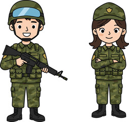 Military Soldier Cartoon, Male and Female Soldier, Army Uniform, Camouflage Gear, Weapon Holding, Standing Pose, Military Personnel, Cute Character Design