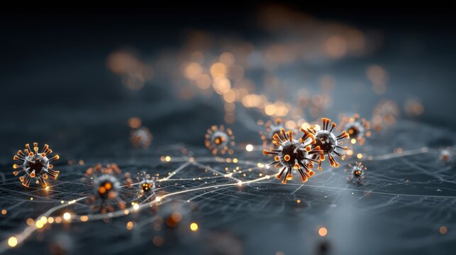 Close-up digital illustration of virus particles connected by glowing network threads in a dark, abstract environment.