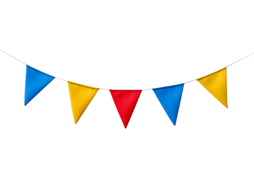 Colorful triangular bunting flags hanging on string for festive decor on transparent background, PNG