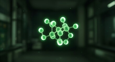 A glowing green molecular structure floats in a blurred laboratory setting, suggesting scientific research.