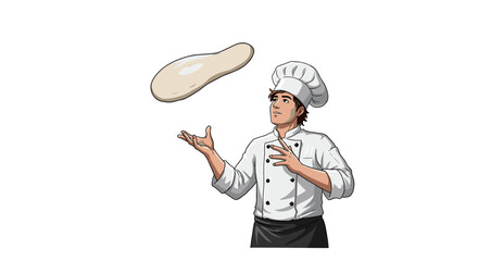 Naklejka premium Skilled young chef expertly tossing pizza dough in mid-air isolated on white background