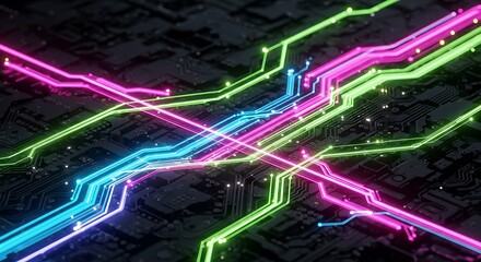 Abstract close-up of vibrant neon circuit board pathways intersecting, glowing brightly against a dark background.  The intricate design emphasizes connectivity and technological advancement