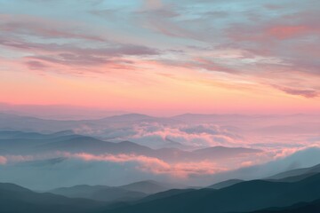 Fototapeta premium Serene mountain sunrise with pastel skies and misty peaks, dreamy landscape for wellness retreats, meditation app backdrop, calming wall art