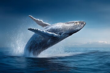 Naklejka premium A majestic blue whale leaps out of the water.
