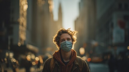 A young man wearing a face mask stands in a sunlit urban street, surrounded by blurred city buildings and people in the background.