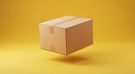 Obraz premium Cardboard Box Floating on Yellow Background, Delivery Concept.
