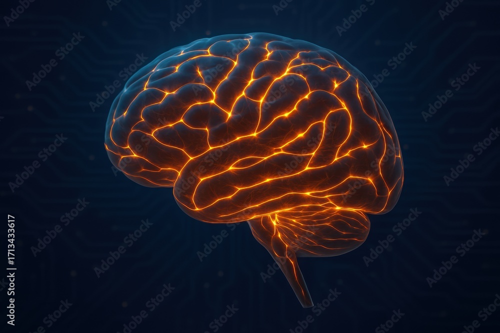 Poster medical ai integration. digital representation of a brain with glowing circuits on a dark background