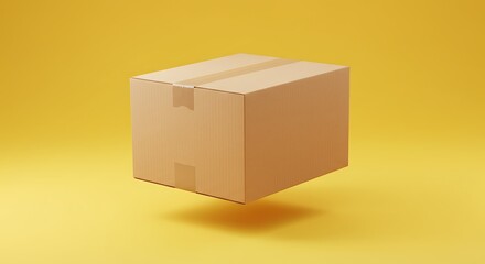Obraz premium Cardboard Box Floating on Yellow Background, Delivery Concept.
