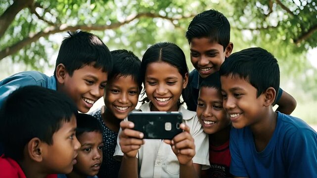 Joyful Children Using a Smartphone Together Outdoors, capturing youthful curiosity, sharing