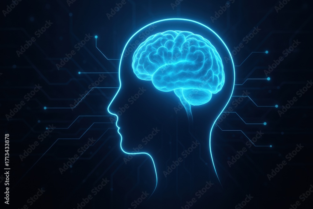 Poster medical ai integration. neon brain illustration with circuit lines representing technology and intel