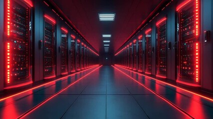 Futuristic server room illuminated with red lights - Powered by Adobe