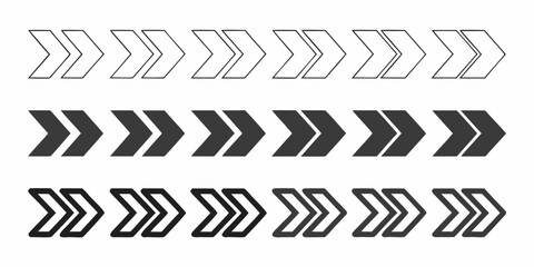 Three rows of double chevron arrows with different styles aligned horizontally in a sequence pattern | editable eps vectors silhouette