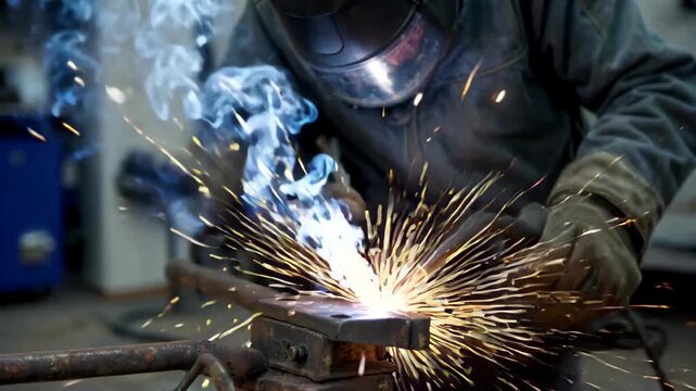 Worker's workshop welding operations The moment when welding sparks are flying