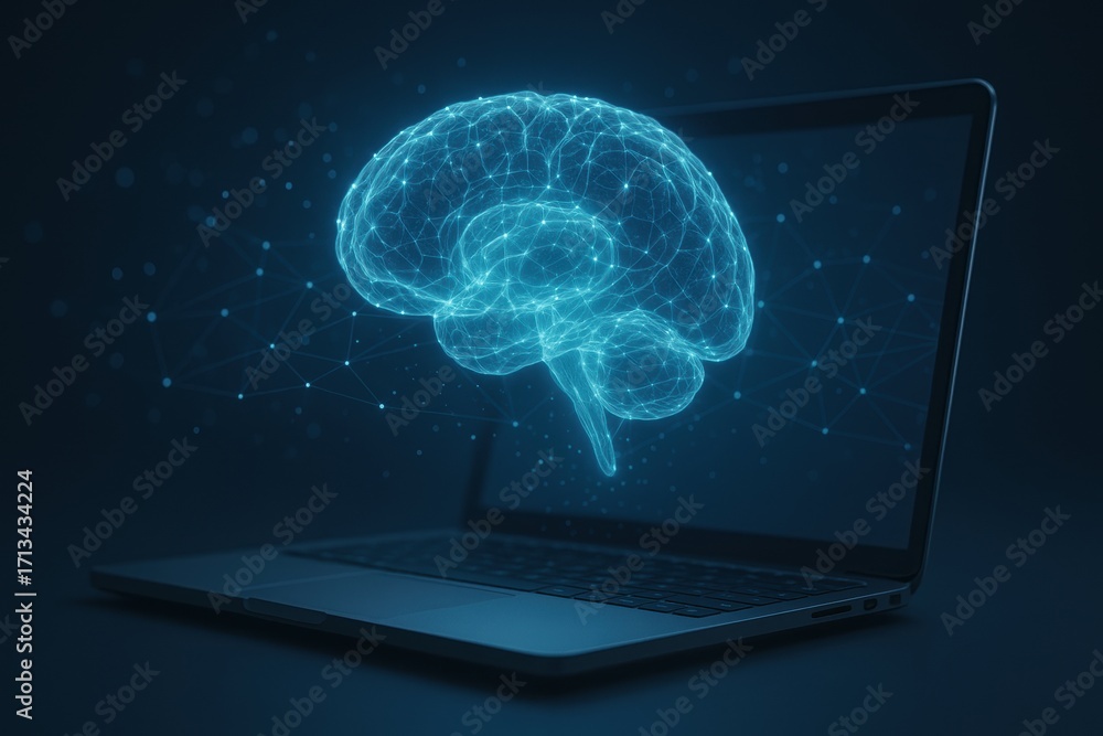 Poster medical ai integration. digital brain concept emerging from a laptop, symbolizing technology and art