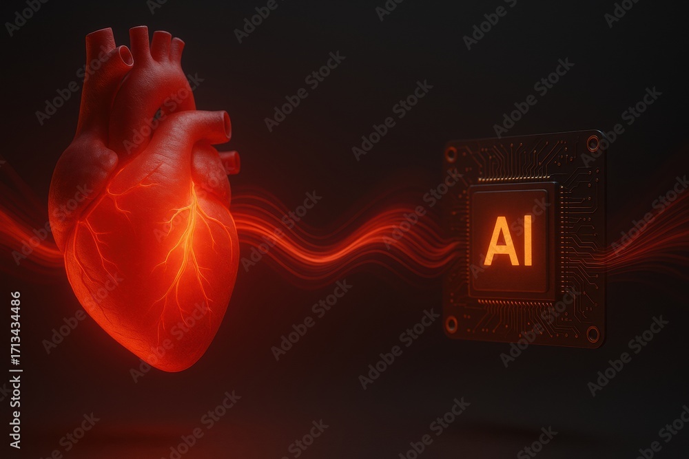 Poster medical ai integration. heart graphic merging with ai technology, symbolizing innovation in healthca