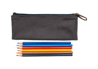 Black pencil case with colorful pencils arranged below on transparent background, PNG