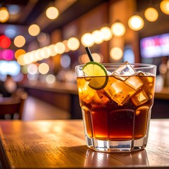Cocktail on bar table, blurred background