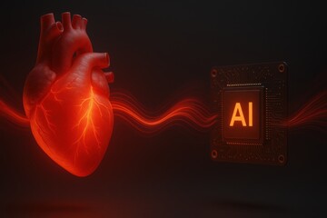 Medical ai integration. Heart graphic merging with AI technology, symbolizing innovation in healthcare and artificial intelligence.