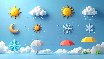 A vibrant, seamless vector pattern of cartoon weather icons for a rainy autumn season, featuring umbrellas, clouds, and raindrops against a blue sky