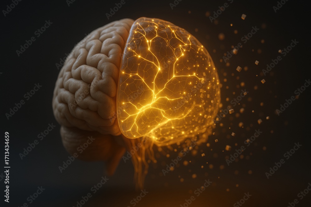 Poster medical ai integration. an illuminated brain with glowing neural connections, symbolizing intelligen
