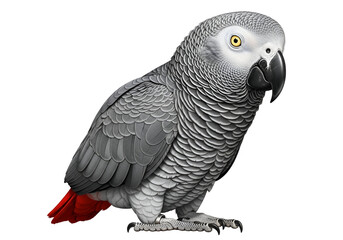 Fototapeta premium A detailed portrait of a gray parrot, showcasing intricate feather details against a stark black background.