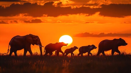 Fototapeta premium Elephants, bears, and cubs silhouetted against a vibrant sunset