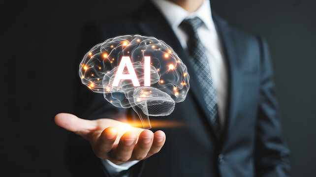 Futuristic AI brain hologram in hand represents innovation and technological future