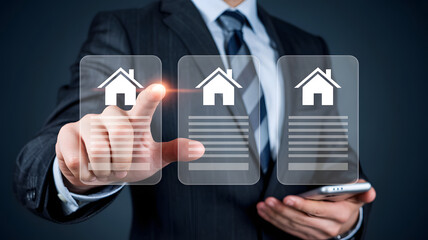 Professional realtor digitally searching modern homes for sale via online application