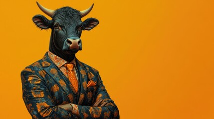 A bull in a patterned suit, arms crossed, against an orange backdrop