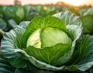 Fototapeta premium Fresh cabbage in field at sunset