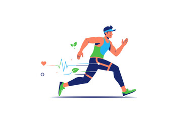 Fototapeta premium A man running with a heart rate monitor and leaves floating around him in a colorful illustration style