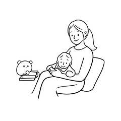 Black and White Vector Illustration of a Beautiful Mother Caring for Child in Minimalist Line Art Style