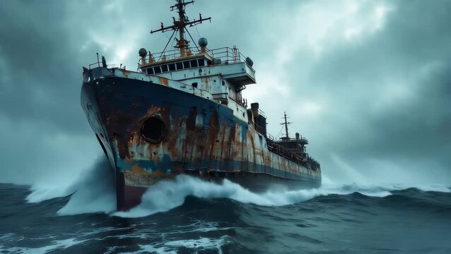 Heavily rusted ship battling rough seas under a stormy, overcast sky slow motion animation, 4k video