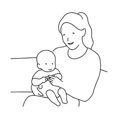 Black and White Vector Illustration of a Beautiful Mother Caring for Child in Minimalist Line Art Style