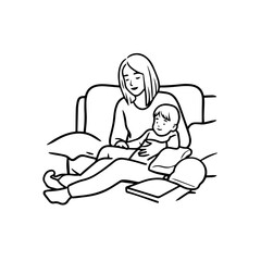 Black and White Vector Illustration of a Beautiful Mother Caring for Child in Minimalist Line Art Style