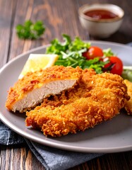 Crispy breaded chicken cutlet with a side salad and fries