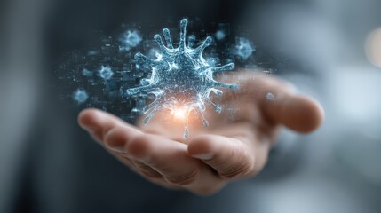A hand holds a digital 3D hologram of a virus particle, symbolizing medical technology and virus research.