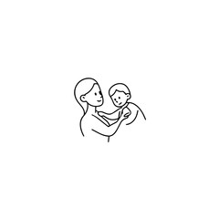 Black and White Vector Illustration of a Beautiful Mother Caring for Child in Minimalist Line Art Style