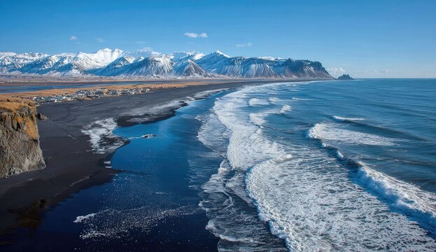 Icelandic black sand beach meets snow-capped mountains