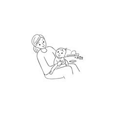 Black and White Vector Illustration of a Beautiful Mother Caring for Child in Minimalist Line Art Style
