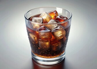 Fizzy glass filled with cola and floating on a bed of ice cubes in a transparent glass bowl