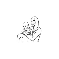 Black and White Vector Illustration of a Beautiful Mother Caring for Child in Minimalist Line Art Style