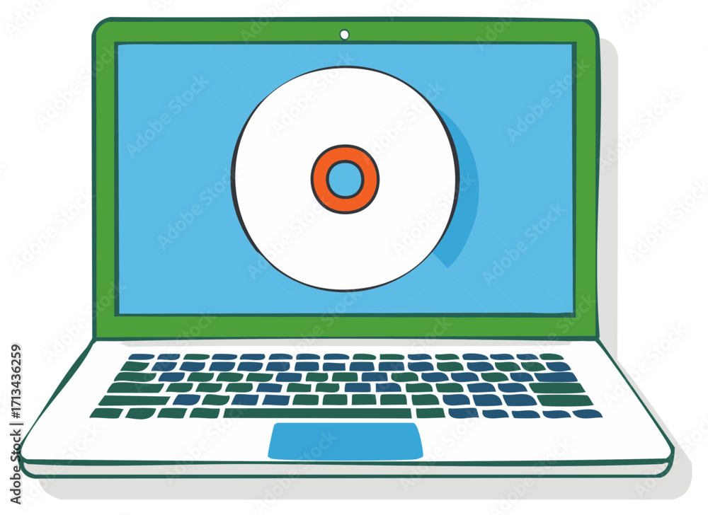 Poster retro laptop computer displaying optical disc on screen technology and data illustration