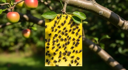 Yellow Sticky Trap Catching Fruit Flies on Apple Tree.