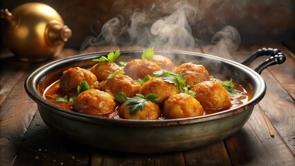 A steaming hot Kashmiri dum aloo dish garnished with fresh cilantro leaves in a shallow metal plate