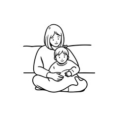 Black and White Vector Illustration of a Beautiful Mother Caring for Child in Minimalist Line Art Style