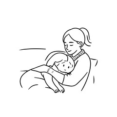Black and White Vector Illustration of a Beautiful Mother Caring for Child in Minimalist Line Art Style